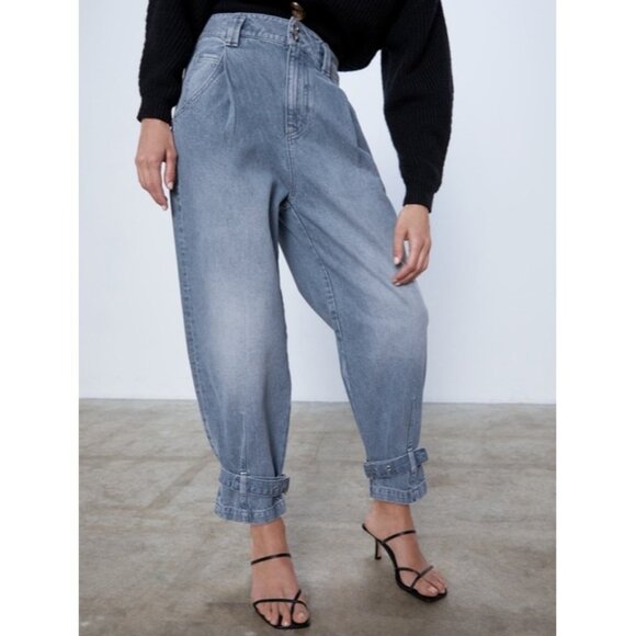 Zara Relaxed Light Wash Jeans Belted Ankle Trendy 100% Cotton Women's 6 - Picture 1 of 11